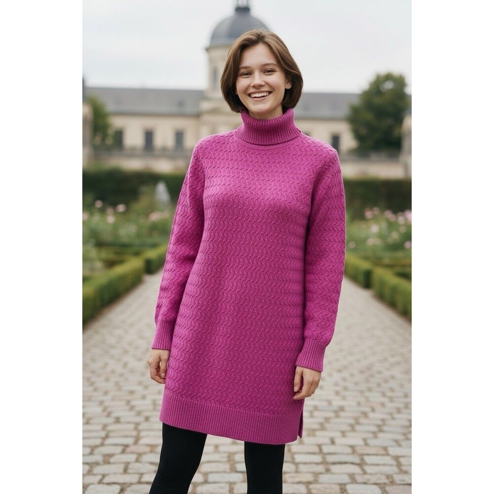 Lands' End womens pale pink cable knit long turtleneck sweater Small (6 -8)